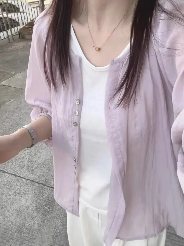 

Gentle Wind Purple Lantern Sve Silk irt Женская летняя верхняя одежда Тонкая вуаль Защита от солнца Открытый кардиган irt Пальто