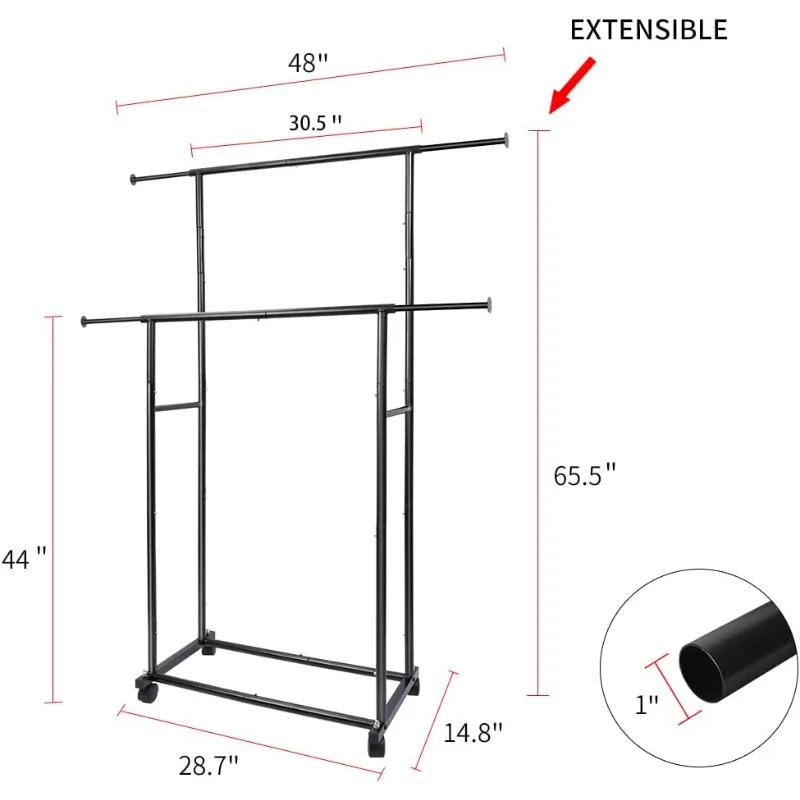 Black Simple Standard 2 Double Rod Clothing Metal Garment Rack for Hanging Clothes, Rolling Clothes Organizer with Mobile