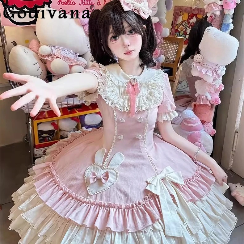 

Lolita Pink Kawaii Dress OP Summer New Slimming Lo Cos Short Sleeve Dress Girls Women's Birthday Party Dress Vestidos Mujer