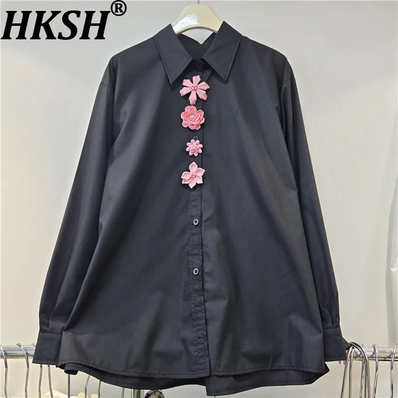

HKSH Spring Autumn New Women's Shirt Three-dimensional Floral Turn-down Collar Long Sleeve Light Luxury Blouse Chic Tops HK13280