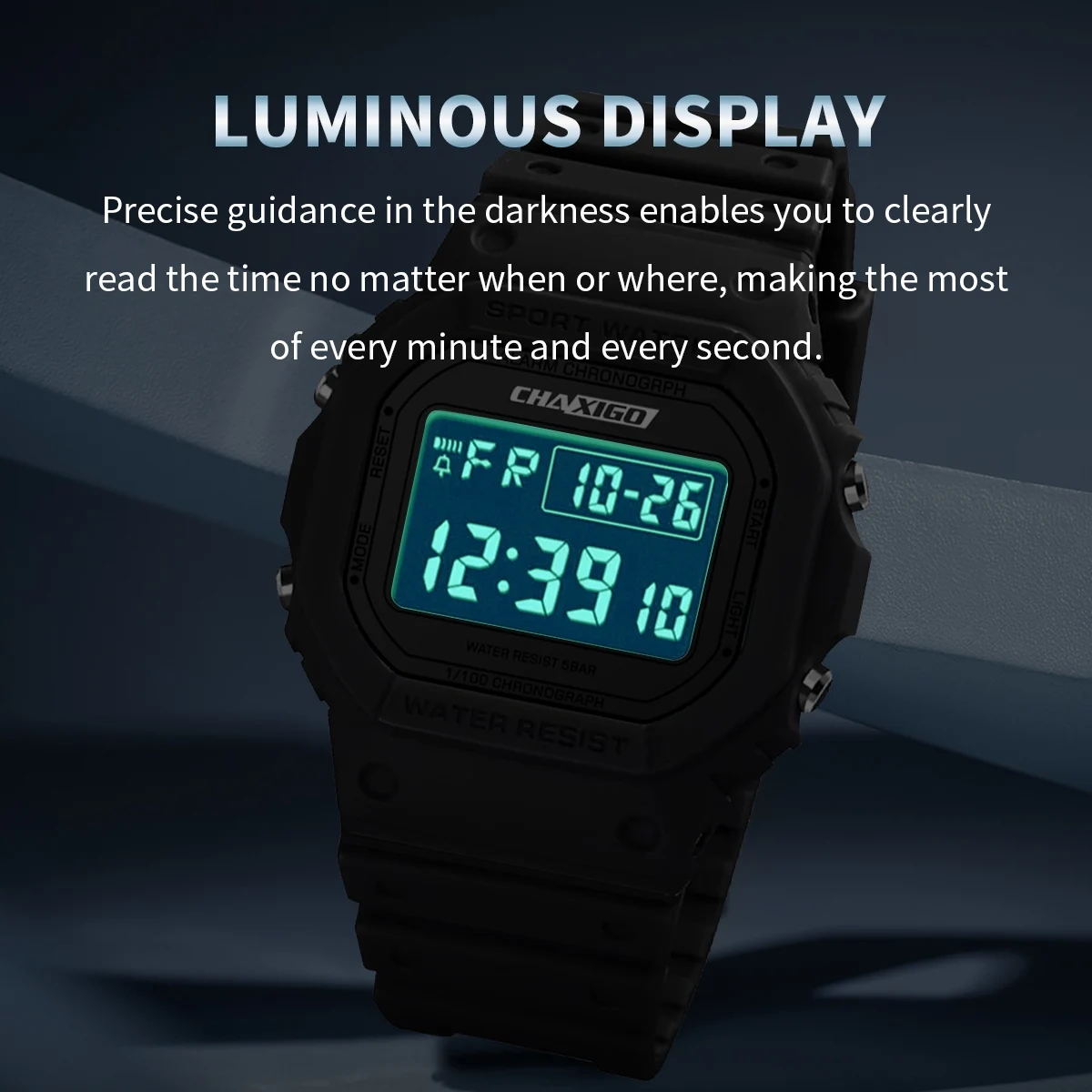 ساعة CHAXIGO الرياضية الرقمية بحزام سيليكون للرجال 43.8 ملم LED مضيئة مقاومة للصدمات 30 متر ساعة رقمية مقاومة للماء