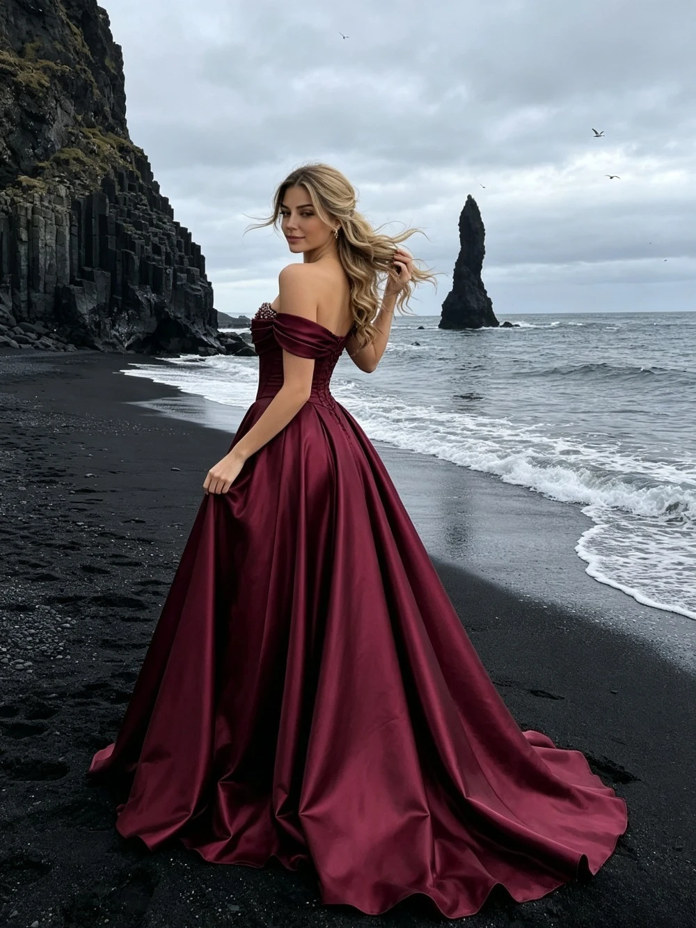 Customized Burgundy Satin Off Shoulder Evening Gown for 2026 with Beaded Corset and Waist Cinching Suitable for Dinner Parties