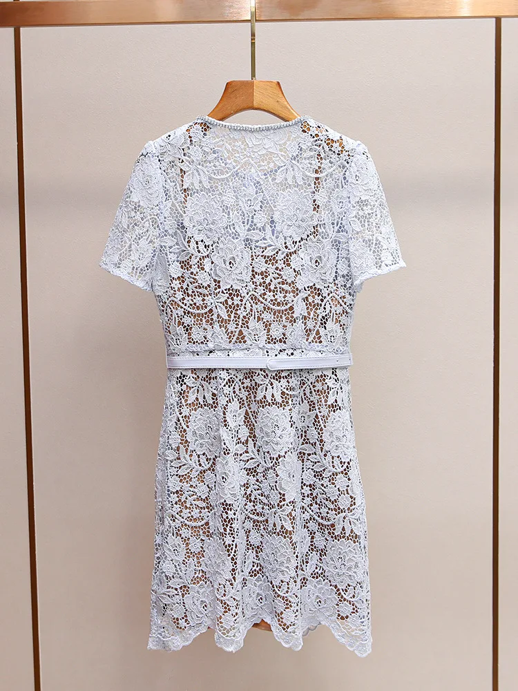 

Mini Dress for Ladies 2024 New Spring Summer Hollow Out Lace Diamond Design O-neck Sweet Slim Waist Short Sleeve Robes