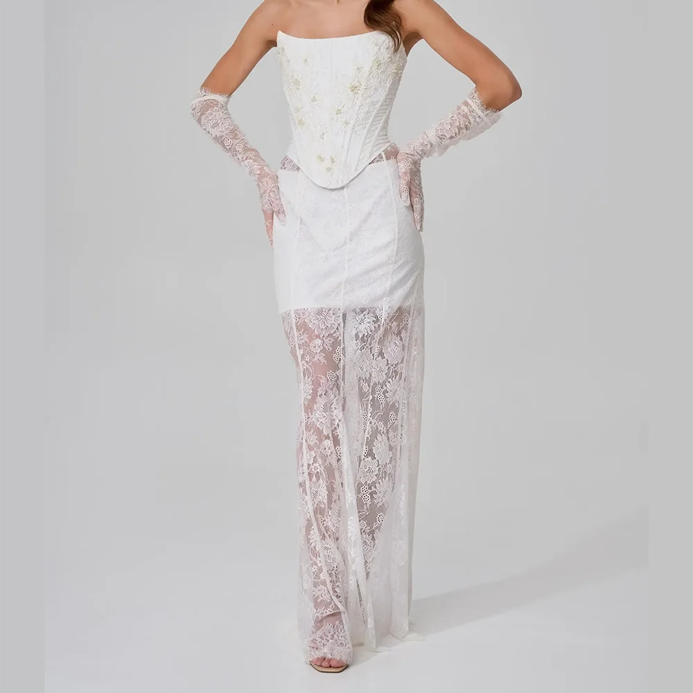 Elegant Strapless Corset Sleeveless Lace Up Straight Bride Wedding Dresses Bridal Gowns Customized