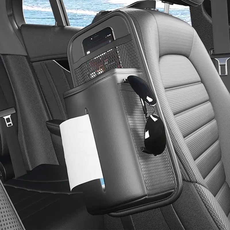 Car Tissue Holder Adjustable Leather Tissue Box Front Seat Bags Interior Accessories Storage Bag With Mesh Net Pockets For Drink