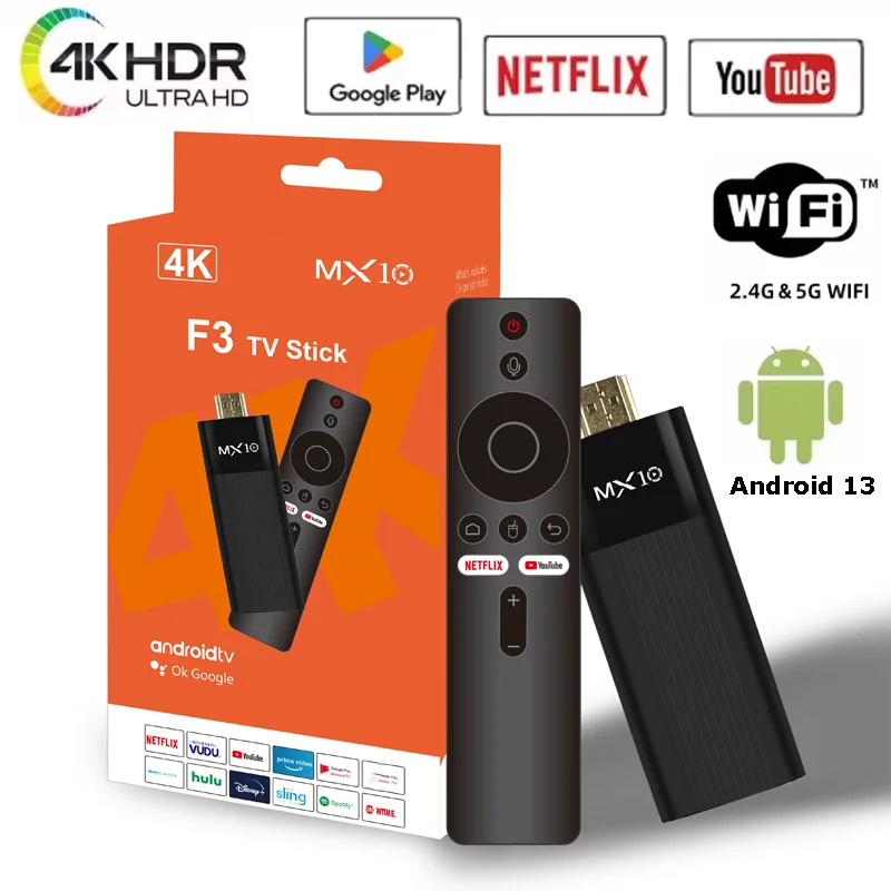 MX10 F3 TV Stick H313 4K UHD 2,4/5,8G WiFi BT 5,0 Android 13 ATV Smart Sticks 2G 16G voz inteligente para Youtube reproductor multimedia inteligente