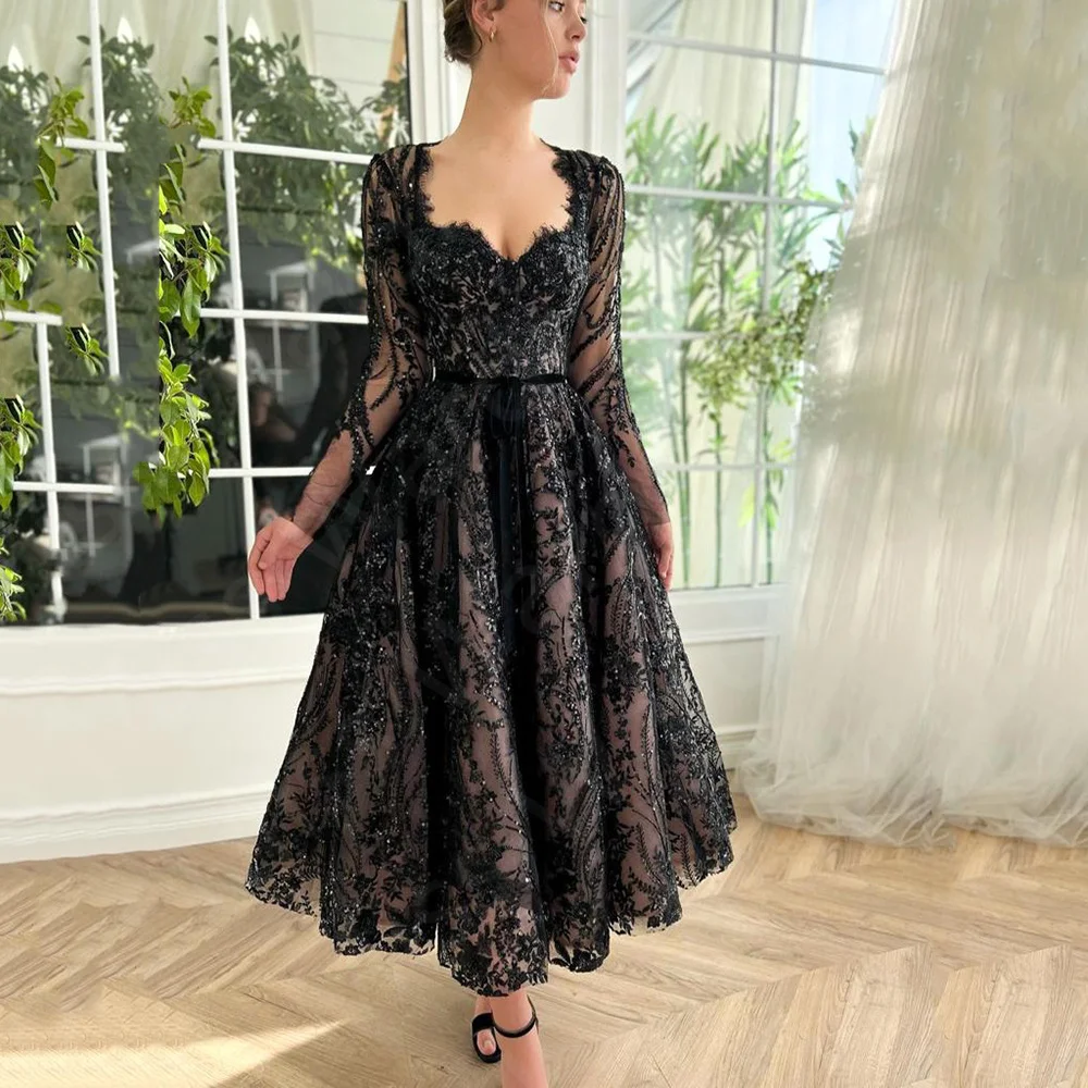 Vintage Black Evening Dresses Lace 2024 Prom Party Gowns Mid Calf Length Long Sleeves Wedding Guest Dress Sequined Sweetheart