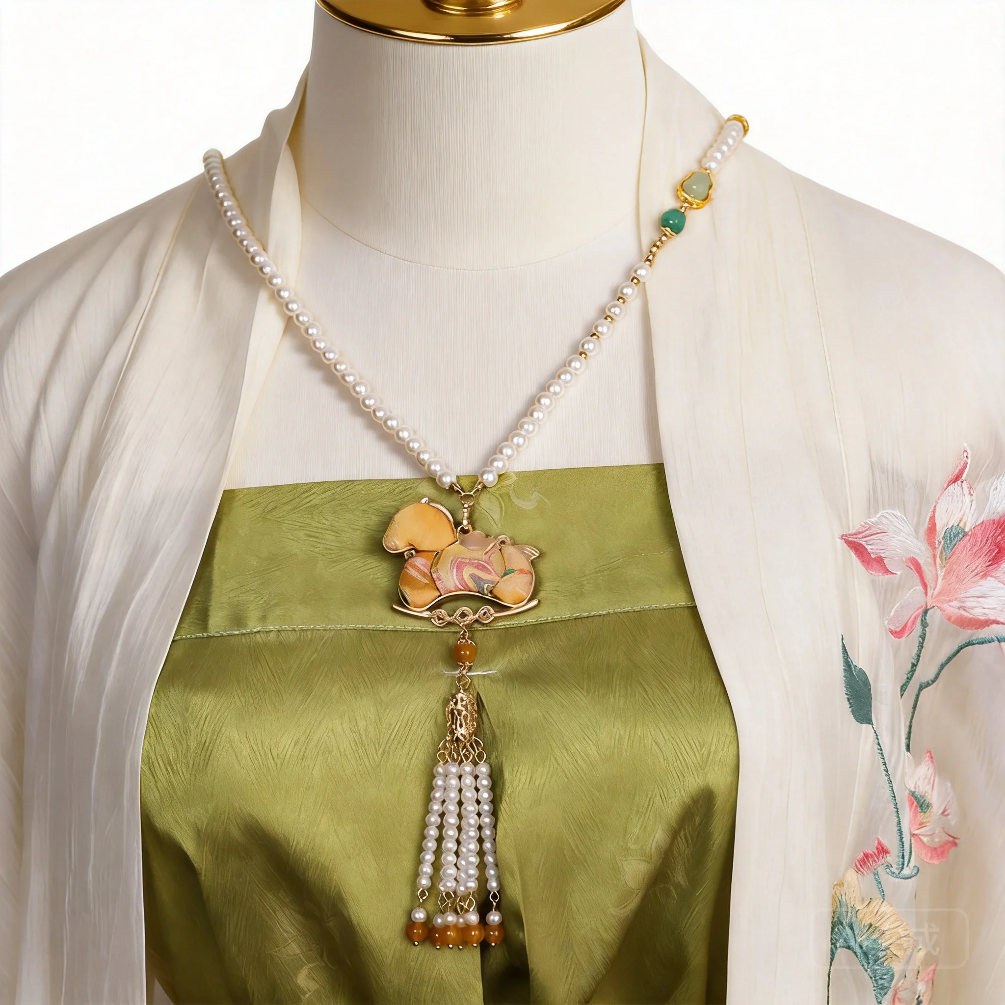 Vintage Chinese Song Brocade Horse Pendant Yingluo Necklace Imitation Pearl Tassel Hanfu Match Ethnic Style Sweater Chain Nice