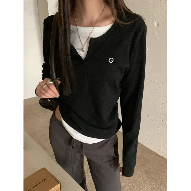 Fake Two-piece Patchwork Slim T Shirts Spring Autumn New Long Sleeve Contrast Casual Tops Fashion High Street Women Clothing