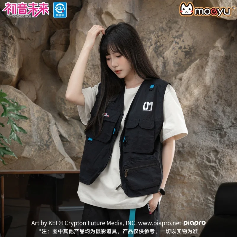 

Moeyu Hatsune Miku Multi Pocket Cargo Utility Vest Summer Thin Sleeveless Neon Electronic Streetwear For Men Women