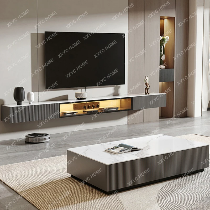 

TV Cabinet Simple and Modern Coffee Table Combination Living Room Small Apartment Solid Wood Stone Plate Hanging TV Stand