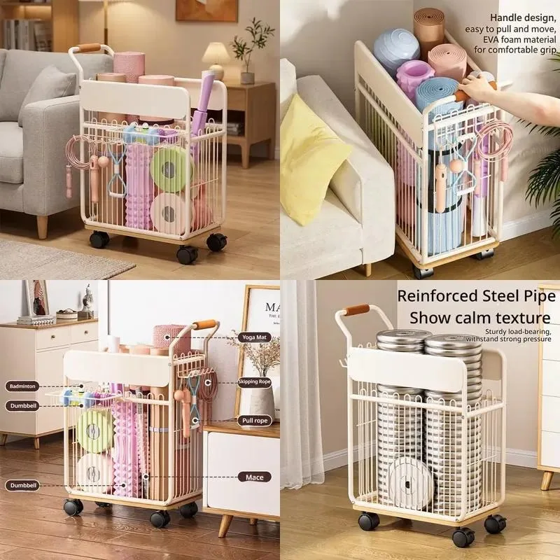 Modern Multi-compartment Standing Home Fitness Storage Rack with Removable Side Basket Yoga Mat Holder Trolley and Wheels