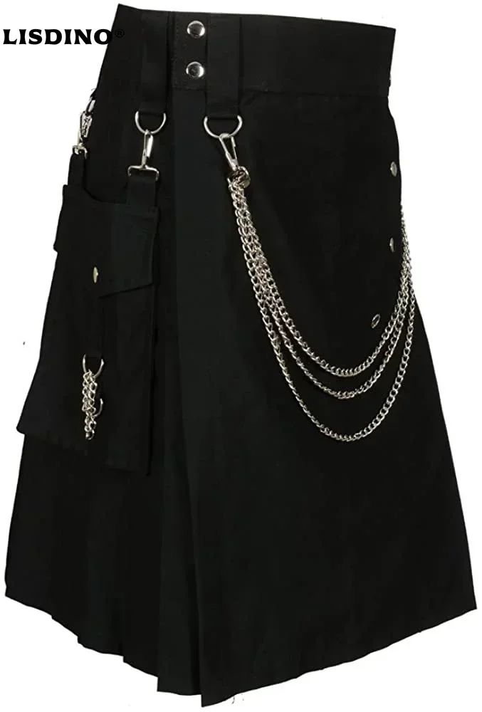 

1Scottish Black Fashion Utility Kilt With Silver Chains