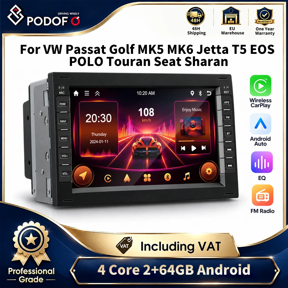 Podofo, lettore multimediale per auto con sistema Android 13 e schermo da 7 pollici, compatibile con VW Passat, Golf MK4, MK5, Jetta, Polo, Touran, Sharan, Seat Alhambra e Skoda, dotato di GPS, WiFi,