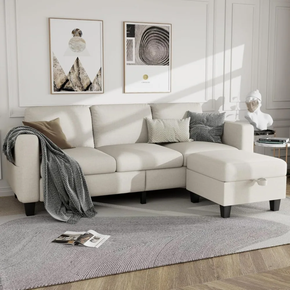 Couches for Living Room - Sectional Sofa L Shaped Cloud Couch-Small Modular 3 Seat-Comfy Linen with Storage Deep Seat Sofas