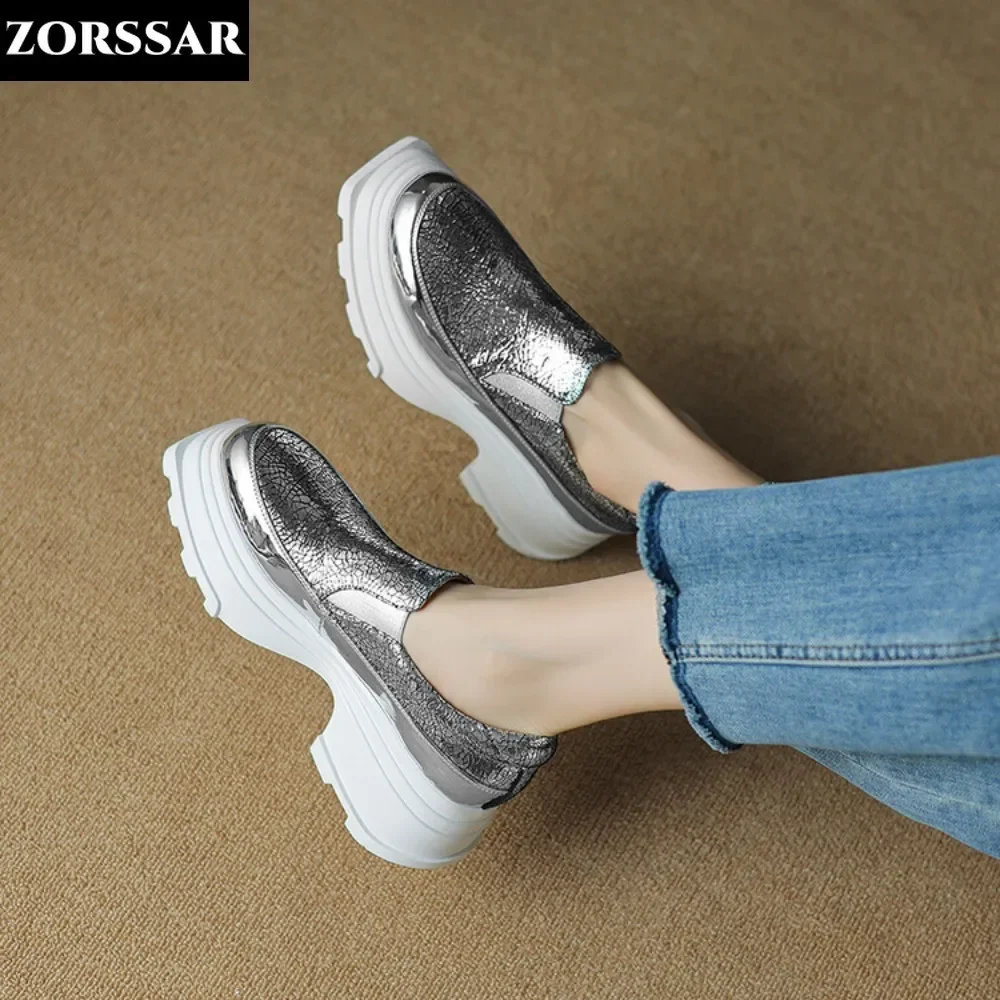 

6cm Sheepskin Genuine Leather Fashion Sneakers Casual Spring Summer Autumn Gold Silver Chunky Loafers Women Flat Platform Shoes