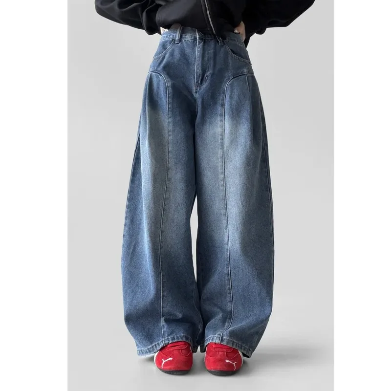 Pure Color Straight Leg Pleated Floor-Length Jeans Casual High Waist Wide Leg Jeans Cotton 100% No Stretch Water Washed