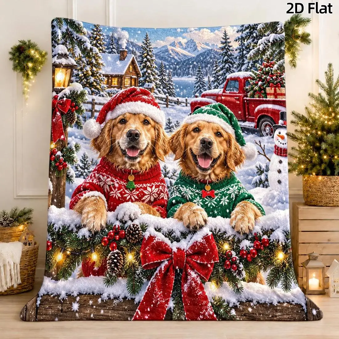 1pc 2D Flat Throw Blanket, Golden Retriever in Christmas Sweater, Winter Scene, Red Green Festive Bow Blanket