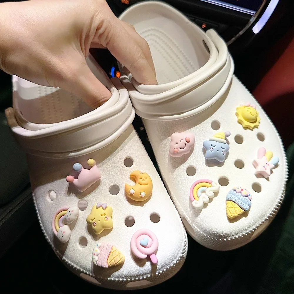 12PCS Summer Fashion Shoe Charms Set Accessories for Clogs Shoe Buckle Cute Resin Star Moon Rainbow Candy DIY Shoes Decorations