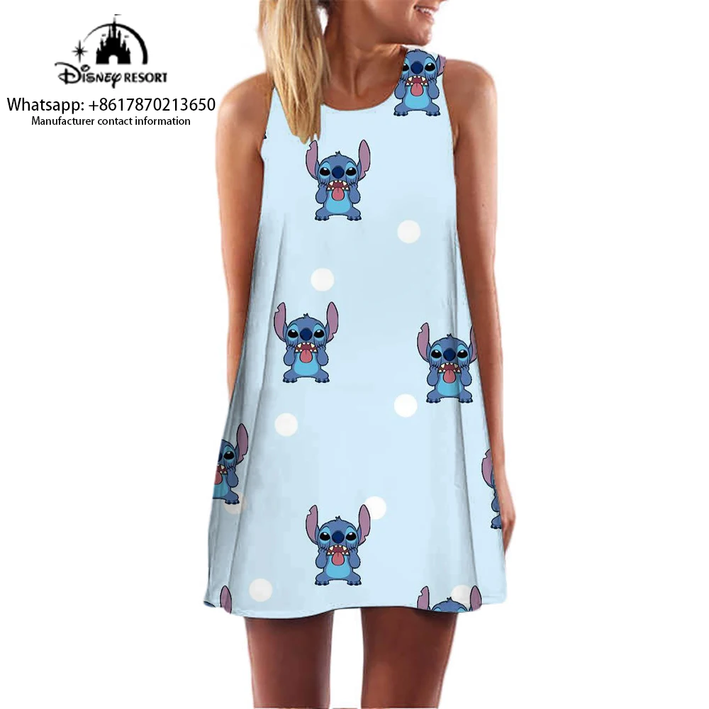 2024 nuovo vestito senza maniche con stampa di cartoni animati Stitch, vestito pullover alla moda, casual e confortevole, dres modello Lilo e Stitch