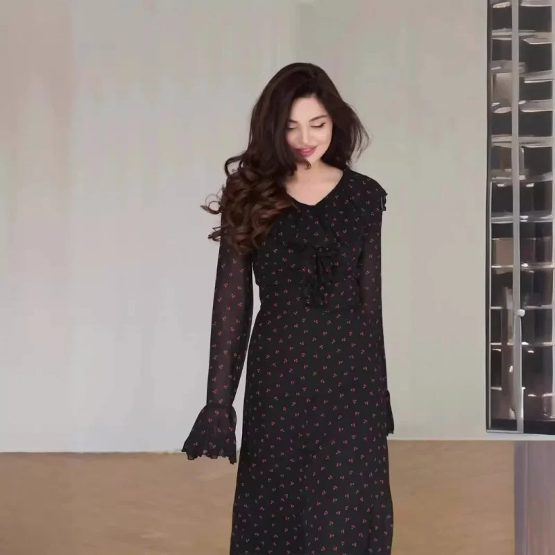 

Spring New Chiffon Printed Ruffle Sleeve Elegant Long DressVLong Collar Dress