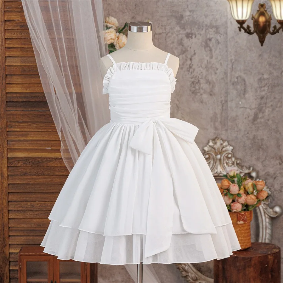 Girls White Spaghetti Strap Princess Dress Ruched Bodice Large Bow Waist Double Layer Skirt Kids Birthday Party Costume ASQ03