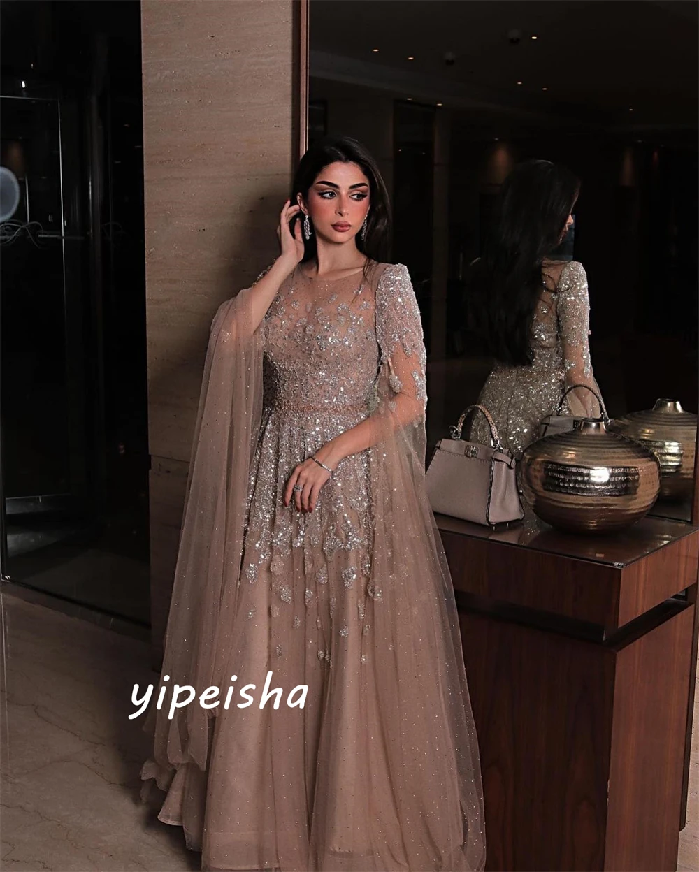 Customized Intricate Sparkle Jewel A-line Party Dresses Beading Paillette / Sequins Organza Evening Saudi Arabia