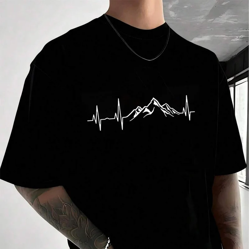 Cardiogram Mountains Trendy T-shirt Motorcycle Graphic Print Men's and Women's Tshirt Cotton Casual Short-sleeved O-neck T shirt