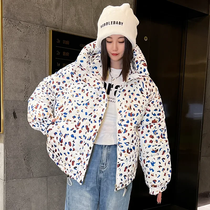 Down Cotton Coat Womens 2024 New Winter Jacket Short Loose Padded Coats Printing Hooded All-match Fashion Korean Bread Jackets