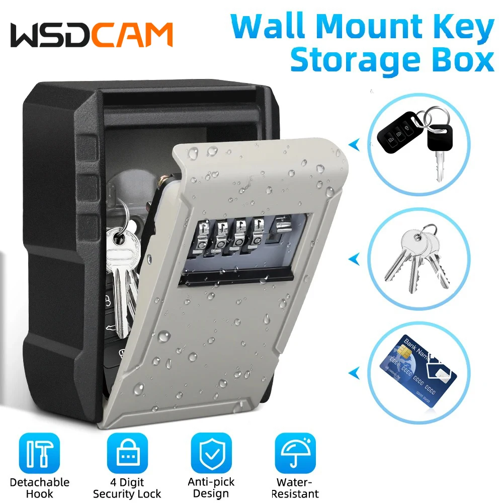 Wsdcam Key Lock Box 4 Digit Passwords Code Box Waterproof Outdoor Password Key Box Easy to Fix Home Or Office