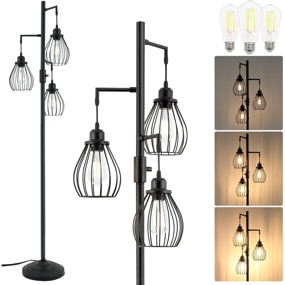 

68.5” Dimmable Floor Lamp, Industrial Farmhouse Floor Lamps with Elegant Teardrop Cages, Rustic Floor Lamps Black Tall Vintage