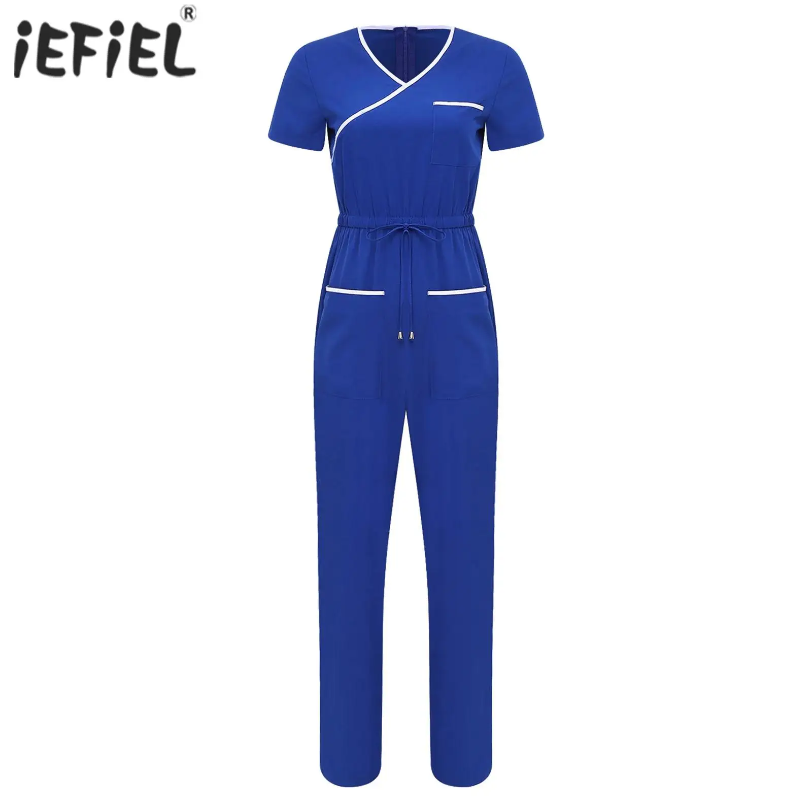 

Женский медицинский комбинезон с коротким рукавом для медсестер и врачей, рабочая одежда с карманами, длинными брюками на шнурке и молнией сзади