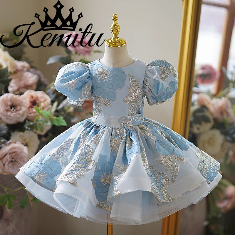 Robe en dentelle brodée florale bleu ciel pour tout-petits, robes de demoiselle d'honneur, manches bouffantes, longueur au genou, jolie fille, anniversaire, fête de mariage