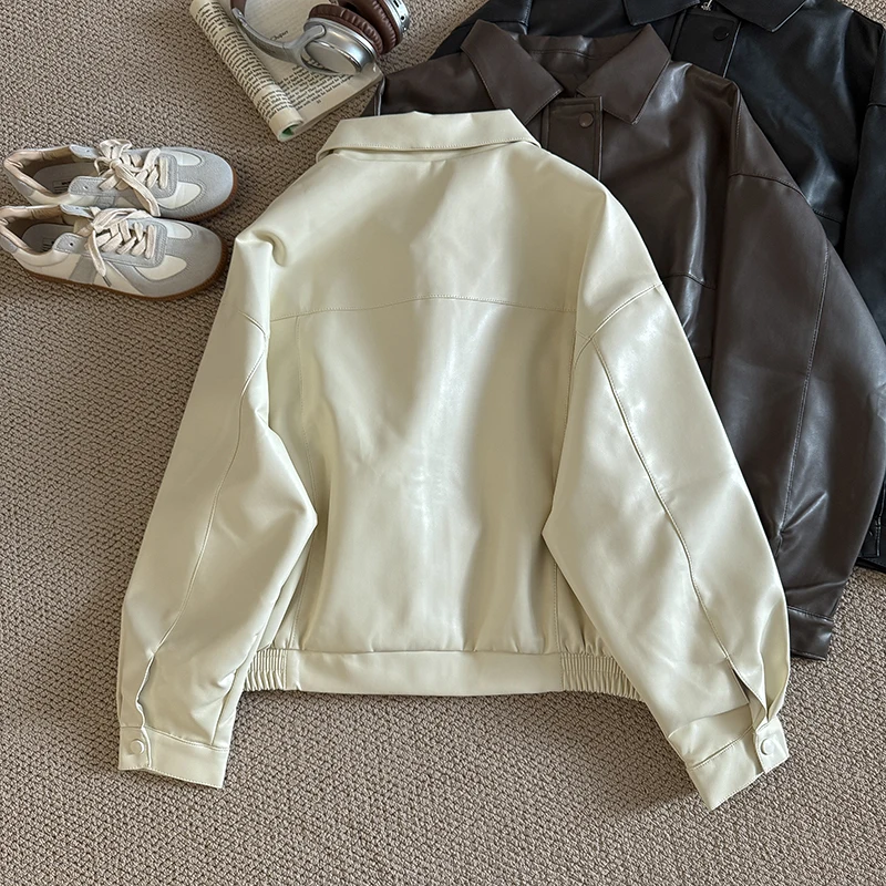 패션 여성 가죽 자켓 레트로 턴 돈 칼라 지퍼 루즈 탑 가을/겨울 방풍 오토바이 소프트 PU 겉옷