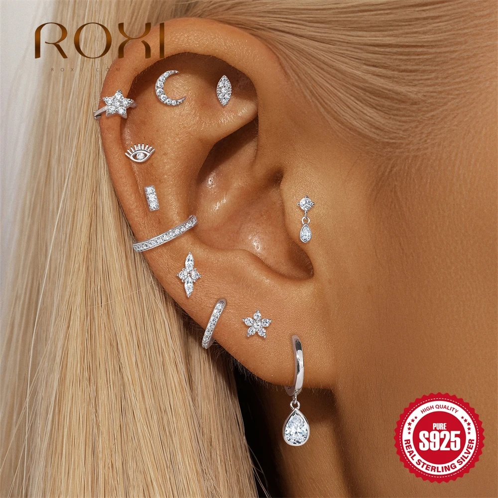 ROXI 1Pc Classic WaterDrop/Eyes Moissanite Piercing Flat Head Thread Earring Women's 925 Sterling Silver Fine Jewelry Gifts