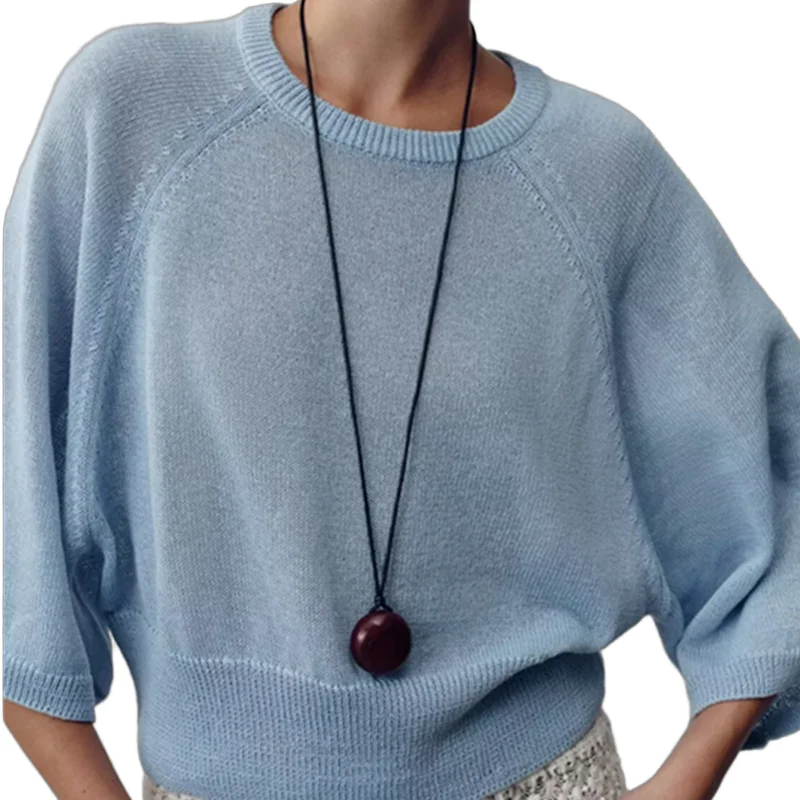 

Withered French Lazy Retro Solid Color Knitted T-shirt Minimalist Round Neck Pullover Autumn Winter Loose Knit Sweater Women