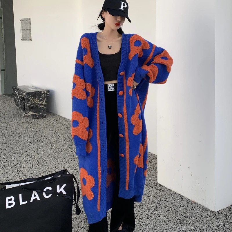 Women\'s Thick Long Knitted Cardigan 2022 Oversize Female Flower Sweater Knitwear Single Breasted Loose Outerwear