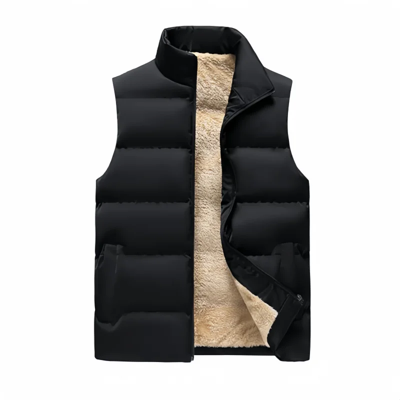 Autumn and Winter Men's Stand-Collar Cotton Vest, Lamb Wool Fleece-Lined, Thickened and Warm, Sleeveless Vest for Layering over a Jacket
