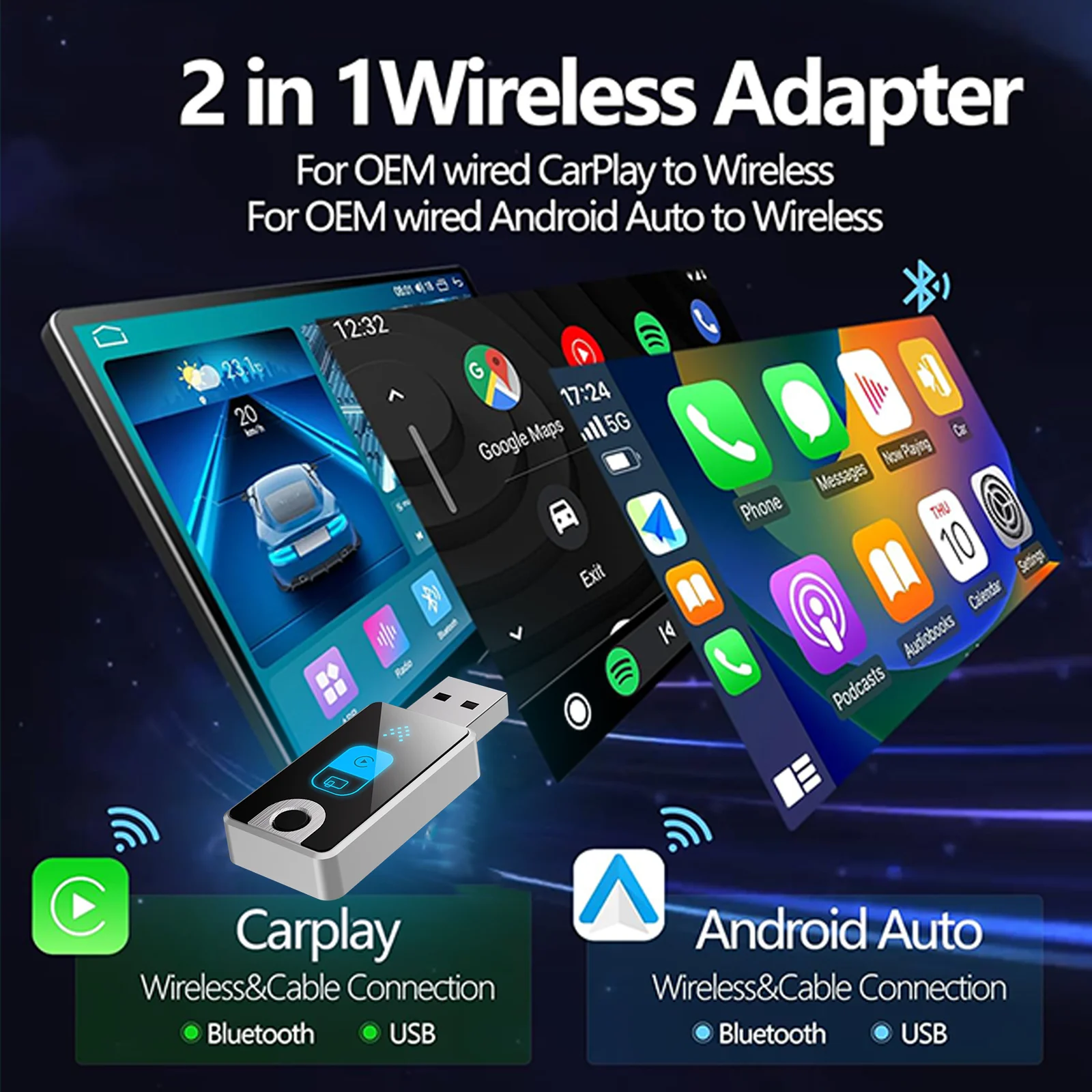 2-in-1 draadloze carplay- en Android-auto-adapter, snelle verbinding CarPlay-adapter met schakelaar met één klik voor iPhone en Android