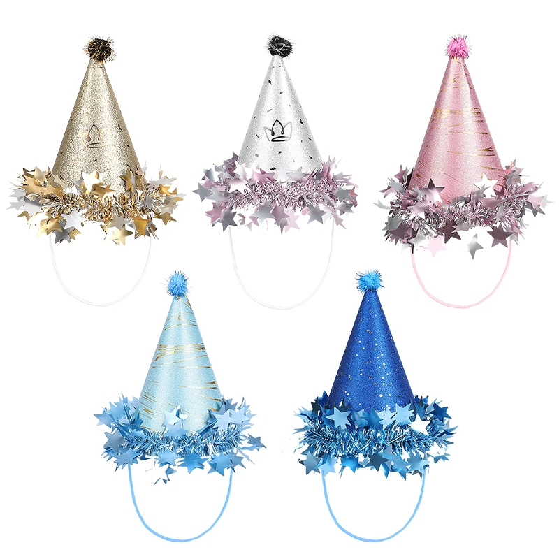 Sombreros de cono para fiesta de cumpleaños, gorro de papel con lentejuelas y estrellas brillantes, suministro de decoración de corona para fiesta de cumpleaños para niños, sombrero de Navidad, vestido para Baby Shower