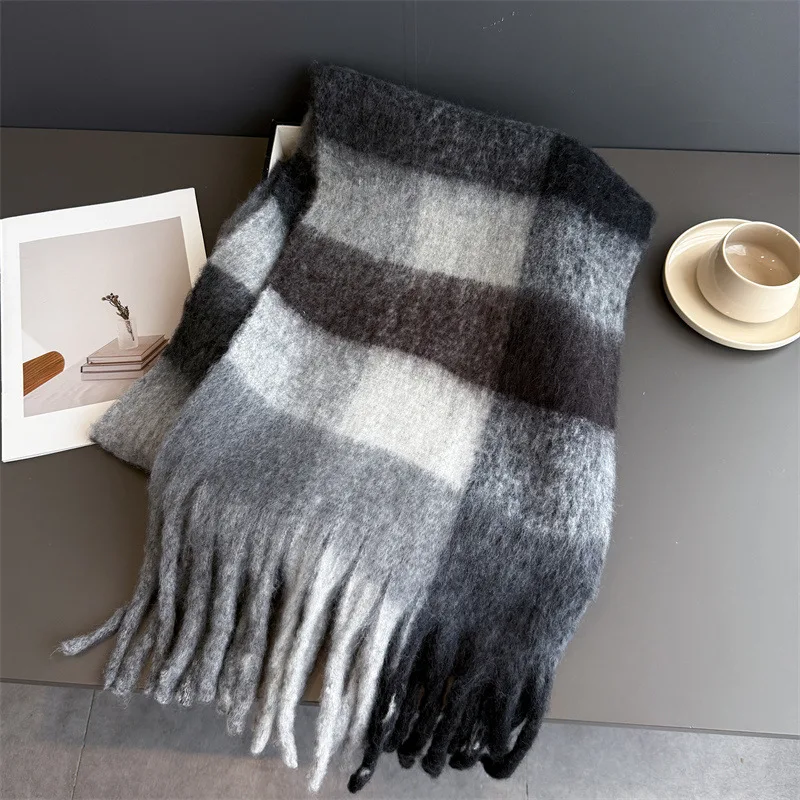Warmer Dicker Winterschal für Damen, Mohair, Kariert, Weicher Quastenschal, Pashmina, Großer Halsdecken-Schal – Detail 38