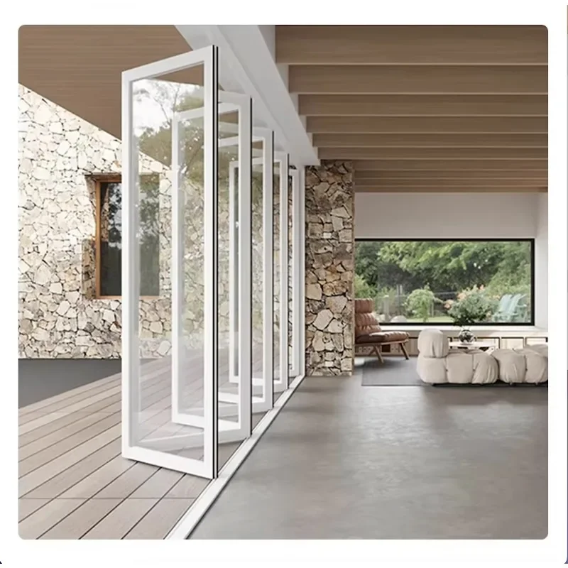 Exterior Hurricane Proof Aluminium Glass Bi Folding Accordion Patio Doors Waterproof Windproof  Heavy Duty For Home Garden Villa