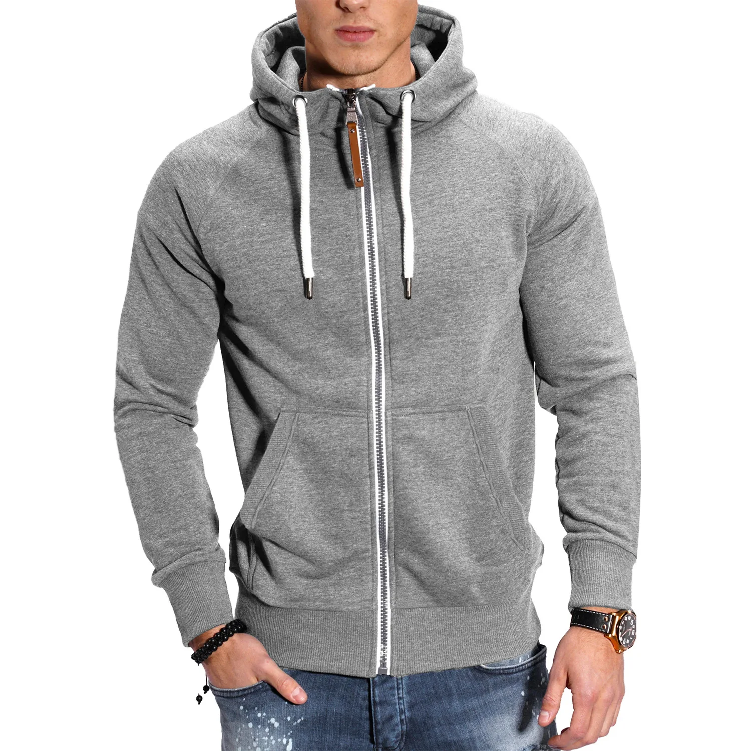 2024 New men\'s contrasting raglan sleeves, zippered cardigan, hooded hoodie, casual cardigan, men\'s hooded cardigan hoodie, plus