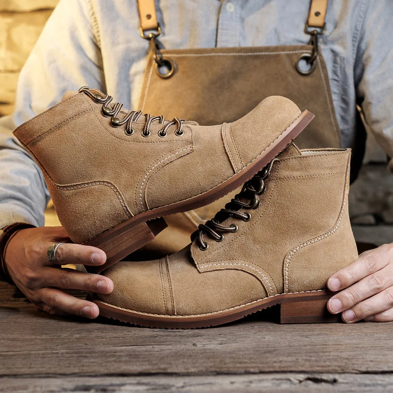 Suede Boot Goodyear-Welted Motorcycle Rugged Heritage Boots Vintage Suede Leather Punk Boot For Men Cowhide Mid-Cut Shoes view 2