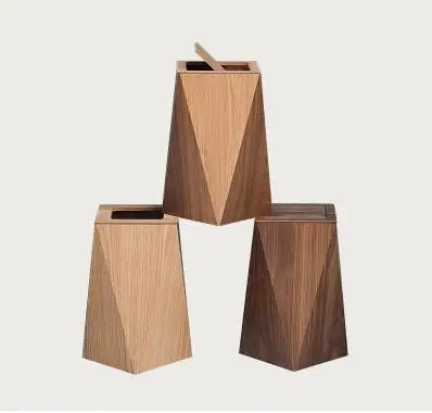 Creative Diamond Shaped Trash Can Living Room with Lid Wooden Garbage Bin Waste Paper Basket Storage Bin Household Items