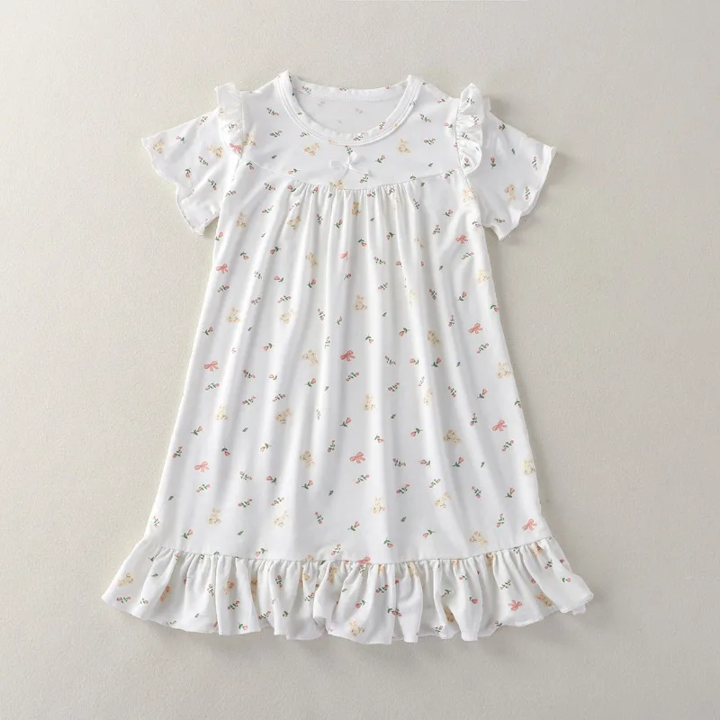 Bellbell Sommer-Kleid für Kinder, Mädchen, Pyjama-Kleid, Blumenmuster, für Kinder, Mädchen, Schleife, Homewear-Kleid, 1–14 Jahre, Kleinkind-Mädchen-Prinzessinnenkleid – Detail 14