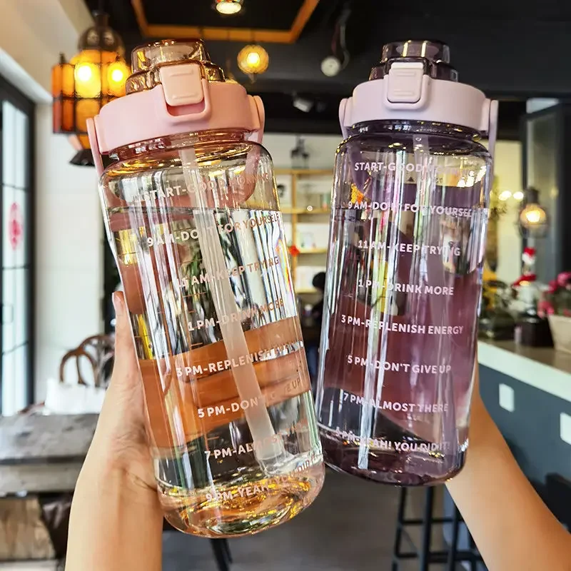 2 Liter Water Bottle with Straw Female Jug Girls Portable Travel bottles Fitness Bike Cup Summer Cold Water Jug with Time Marker