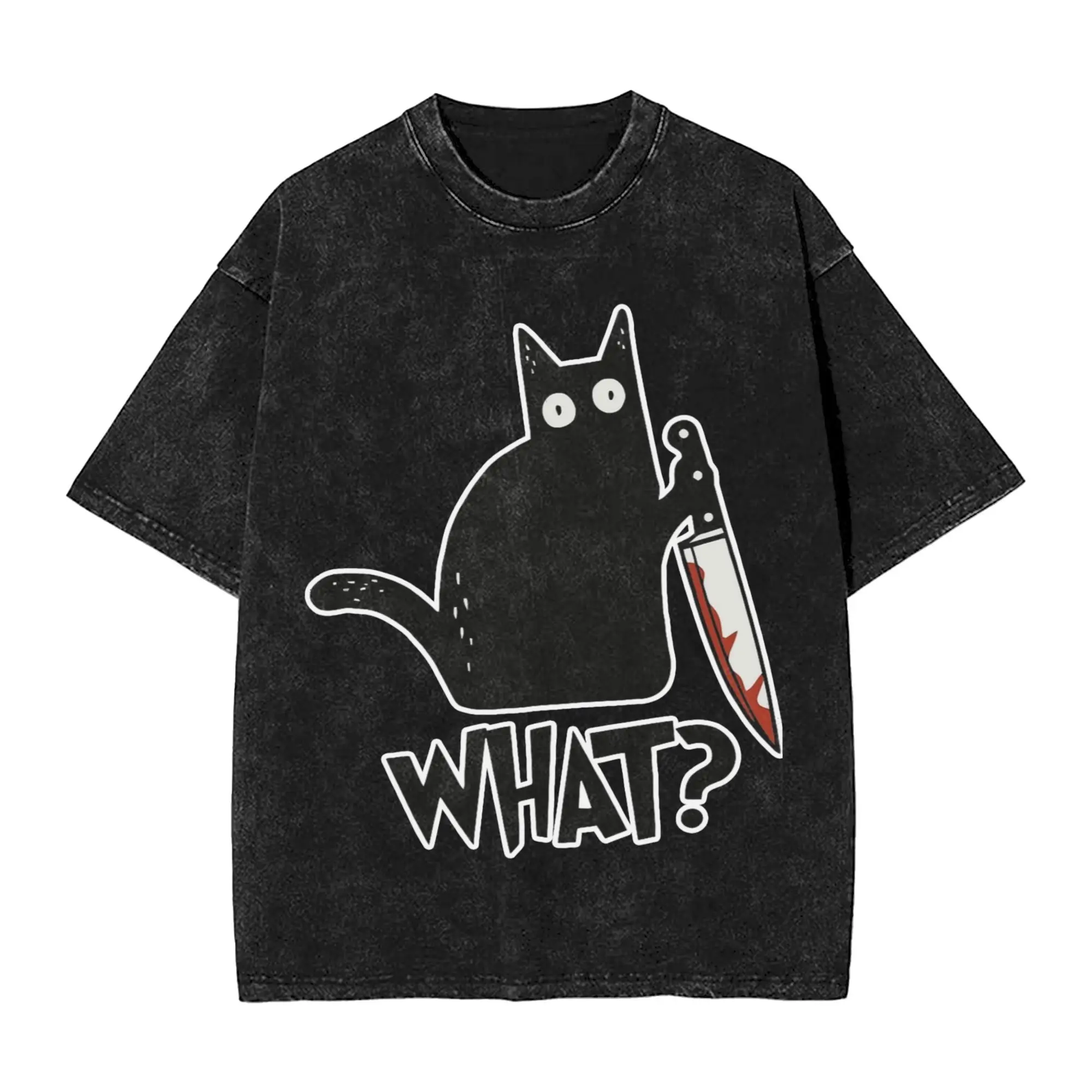 

Cat what Washed T-Shirt Men Black Killer Cat Vintage Cotton T Shirts Summer O-Neck Harajuku Tees Print Plus Size Clothes