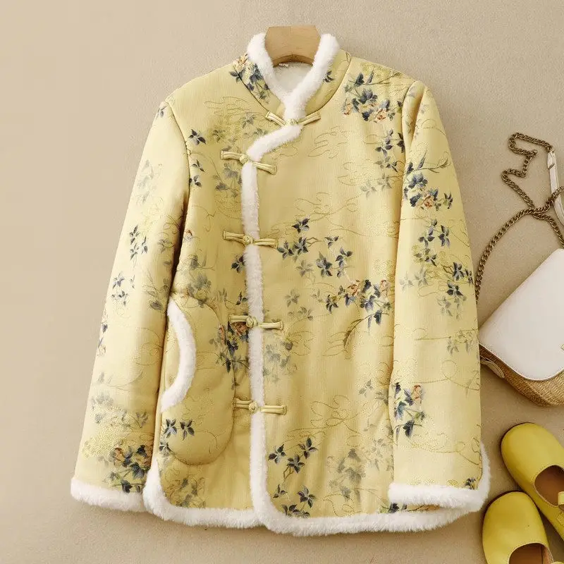 Winter New Chinese Style Retro Printed Thickened Cotton Jacket Improved Tang Cheongsam Jacket Plush Coat Women Outerwear Z4557