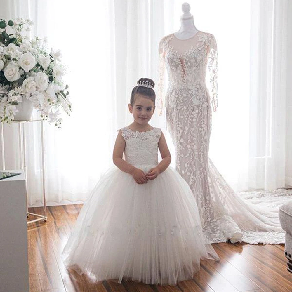 White Bridesmaid Dress For Girls First Communion Gown Lace Big Bow Flower Girl Dresses Ball Gown Kids Wedding Party Pageant